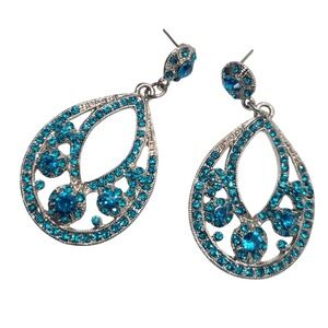 Blue Crystal Teardrop Dangle Earrings Silver Tone Rhinestone Formal Pageant Prom
